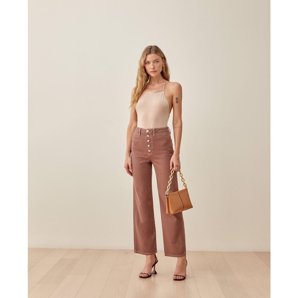 Reformation Women's Brown Lexi Exposed Button Fly Wide Leg Organic Cotton Jeans